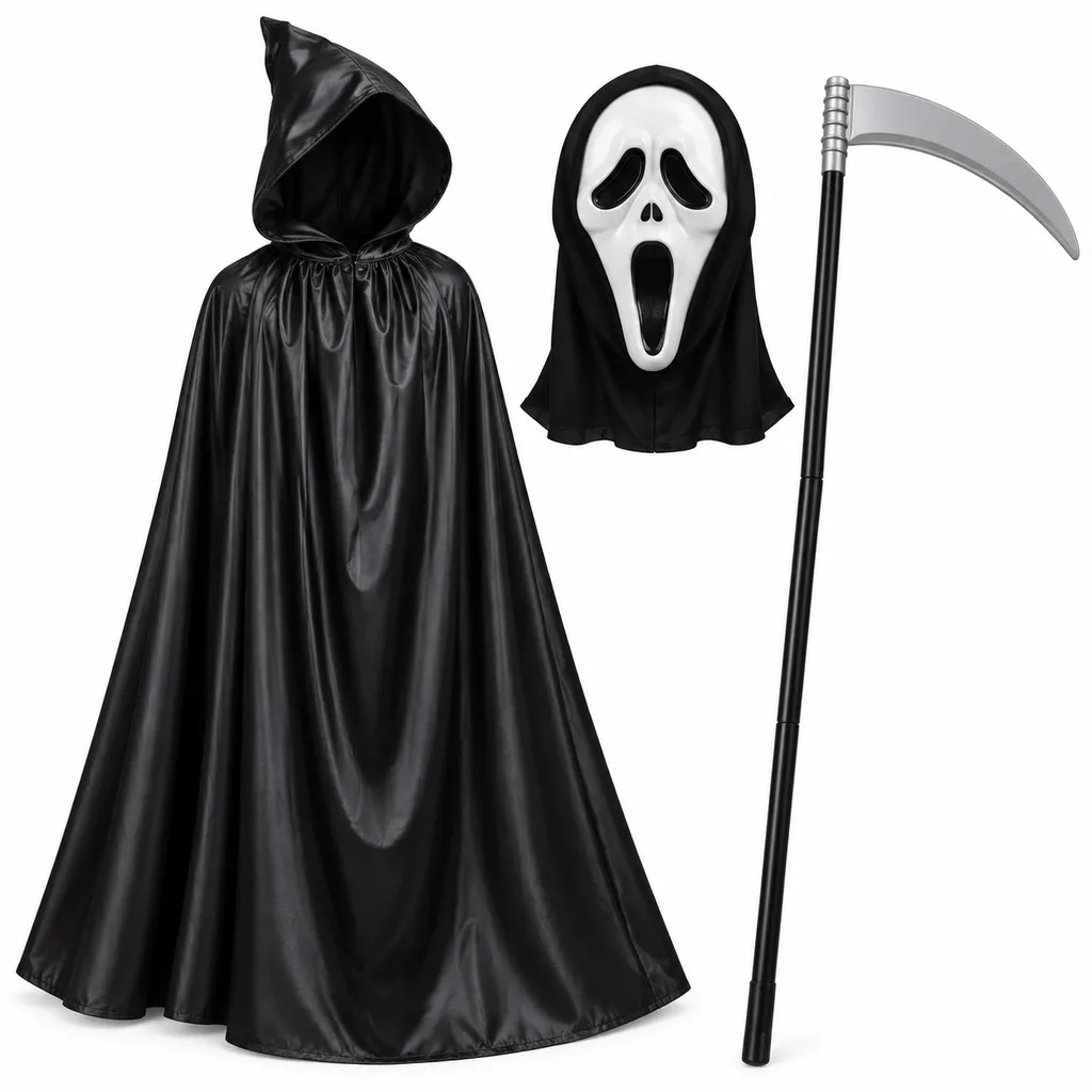 کاستوم-فرشته-مرگ 2 کاستوم کامل فرشته مرگ (Grim Reaper) | ست شنل، ماسک و عصا - تصویر 1